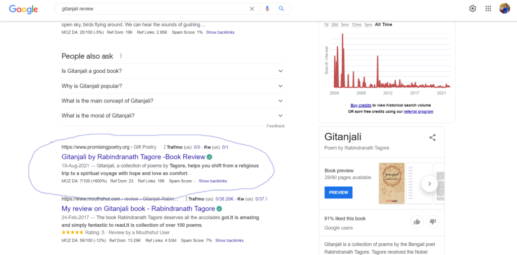  Screenshot of my review of the poetry book, Gitanjali which is ranked on Google's first page. 